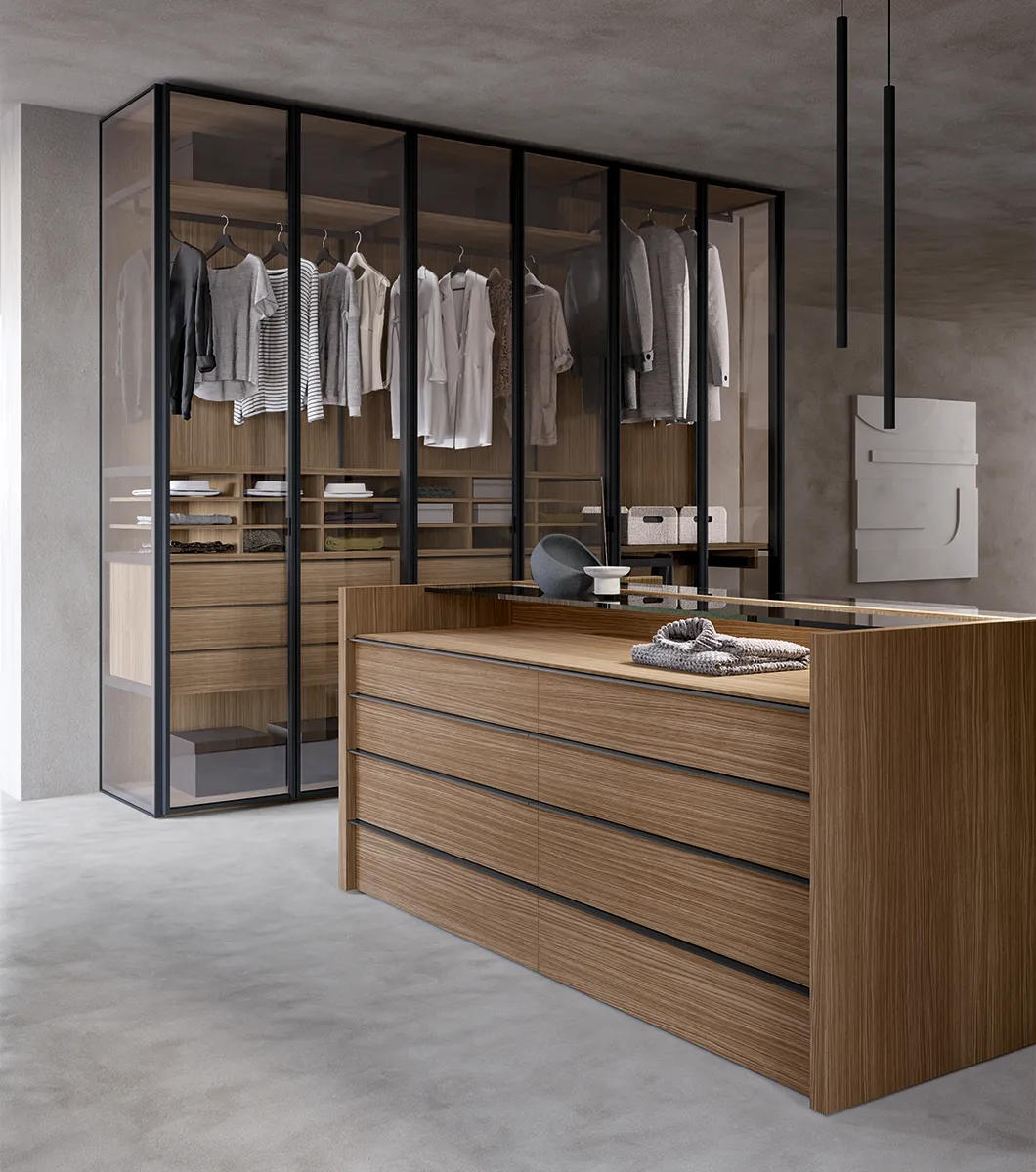 Cabina armadio a U con isola centrale